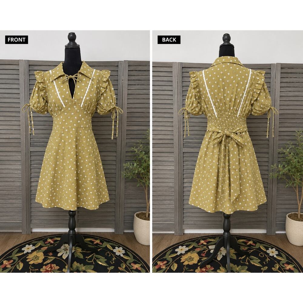 Bohme Olive Green Ditsy Floral 100% Cotton Puff Sleeve Mini Dress S NWOT Smocked - Picture 2 of 10